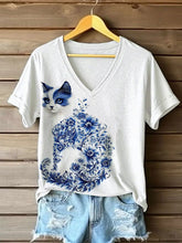 Damen-Katzen-Print-T-Shirt lässig